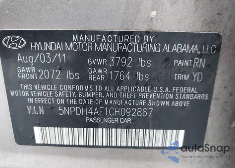 2012 Hyundai Elantra Gls from USA, damaged, VIN 5NPDH4AE1CH092867